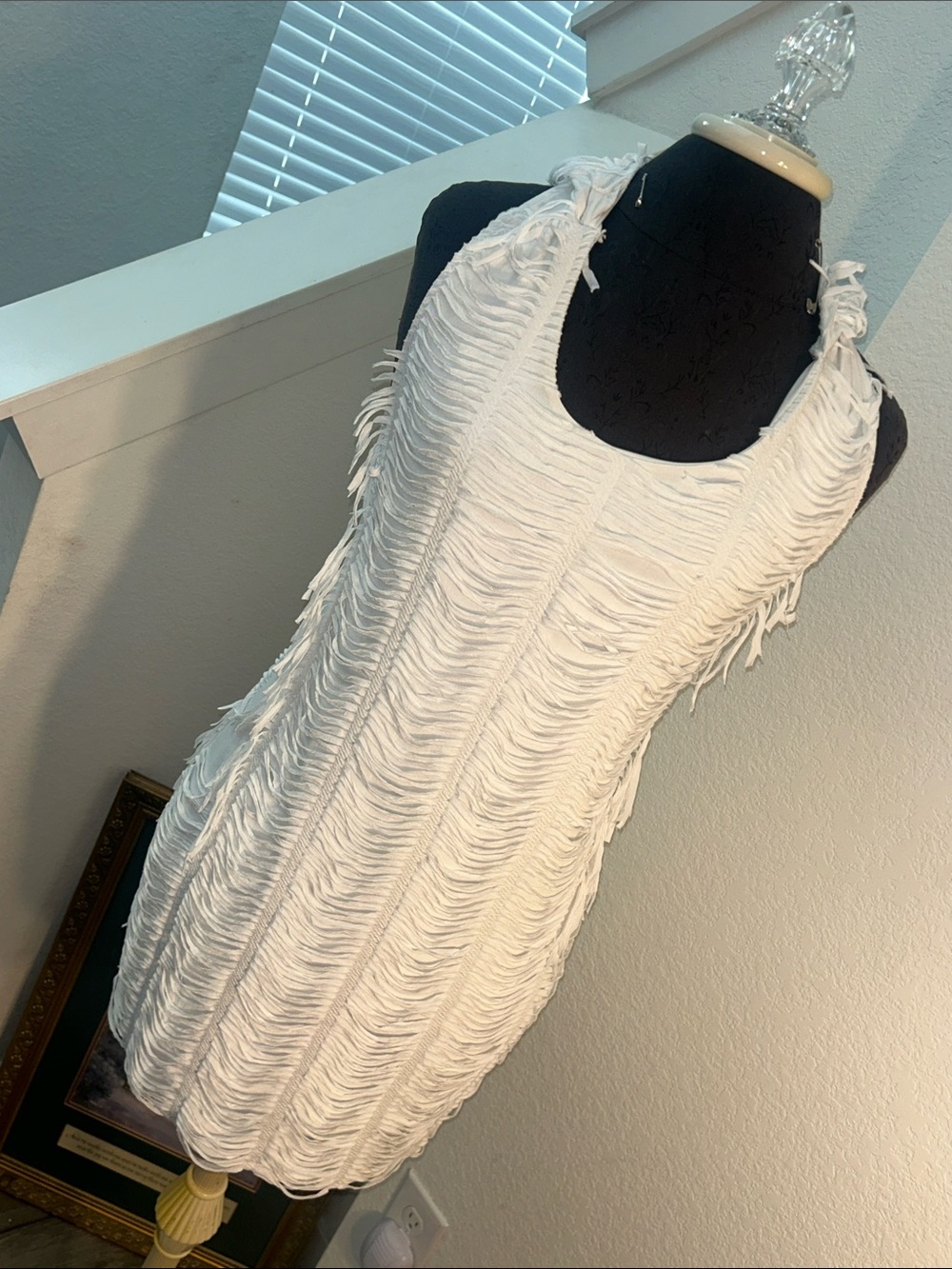 White Textured Fringe Hooded Halter Tank Dress